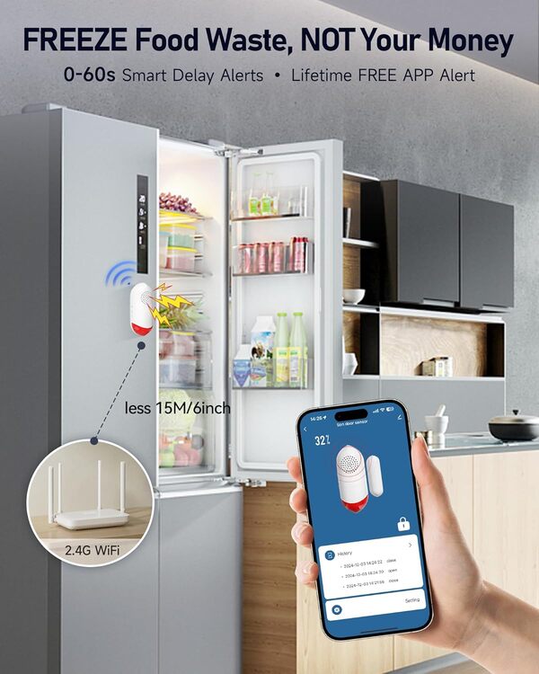 PILSAMAS Alarme de porte de réfrigérateur intelligente WiFi avec alertes d'application, pas de frais d'abonnement, retard de 0 à 60 s, arme/désactivation programmée, sirène réglable de 0 à 120 dB avec