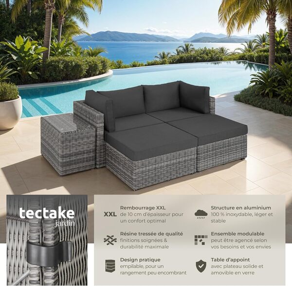 TecTake® Ensemble Salon de Jardin Exterieur Modulable Canapé Bain de Soleil en Poly Rotin et Aluminium 4 Personnes, Table de Jardin en Verre Incluse, Mobilier de Jardin pour Amenagement Balcon
