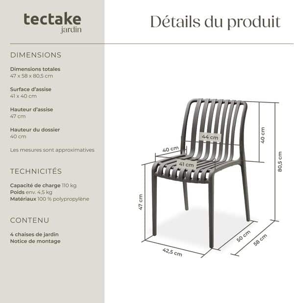 TecTake® Lot de 6 Chaise de Jardin Fauteuil Salon extérieur empilable, résistant aux intempéries, pour Salon de Jardin Exterieur, Meuble pour Amenagement Balcon Terrasse