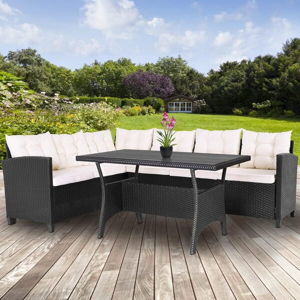 Casaria Salon de Jardin en polyrotin Noir 6 Personnes Mobilier de Jardin avec Coussins Meuble extérieur Mobilier de terrasse Patio