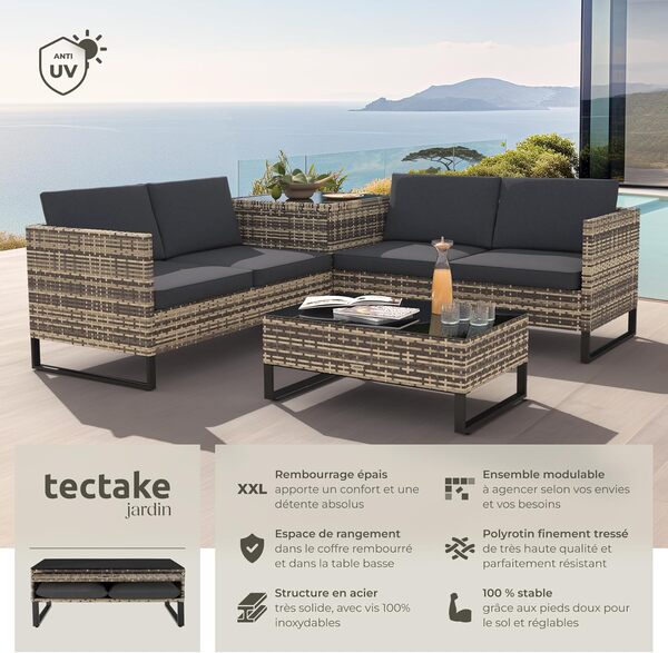 tectake® Ensemble Salon de Jardin Exterieur Modulable Canapé de jardin en Poly Rotin 4 Personnes, Table de Jardin & Coffre de Rangement inclus, Mobilier de Jardin pour Amenagement Balcon