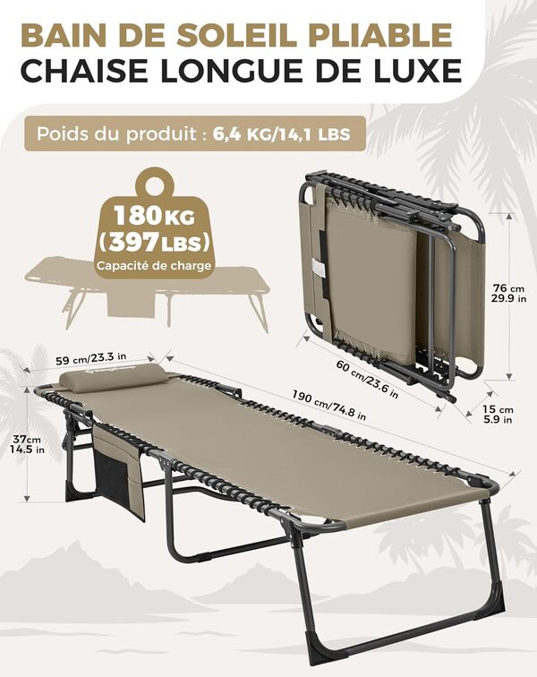 KingCamp Lot de 2 Longue Bain de Soleil Pliants, Chaise de Jardin Pliable, Lit de Camping Pliant avec Oreiller et Poche Charge Max 120kg Transat Pliable pour Plage Jardin Camping Voyage 190x59x34cm