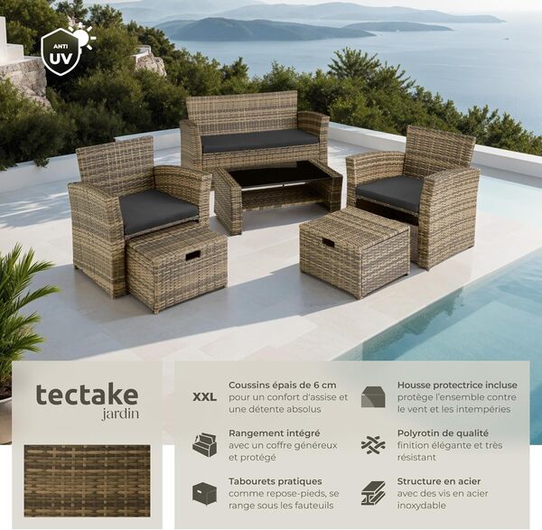 TecTake® Ensemble Salon de Jardin Exterieur en Poly Rotin 1 Banquette Exterieur 2 Fauteuil 2 Tabouret et 1 Table de Jardin, Mobilier de Jardin pour Amenagement Balcon - Marron Naturel