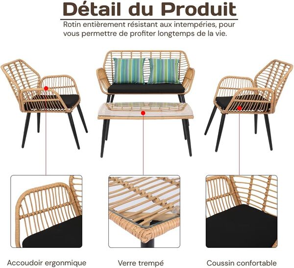 Alightup Salon de Jardin Exterieur en Resine Tressée 4 Meubles Résine Ensemble Table et Chaises Coussins d´Assise Amovibles 3 Canapé 1 Table en Verre Trempé Gain de Place Osier Tressé à la Main