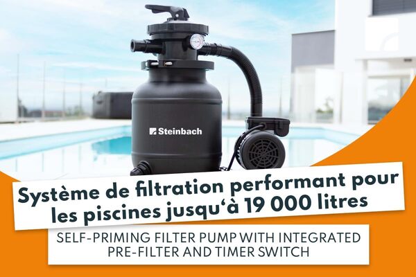 Steinbach Système de Filtration Classic 250N - 040385 - Pompe pour piscines jusqu'à 19.000 l - avec vanne 7 Voies avec Levier de réglage et manomètre, Schwarz