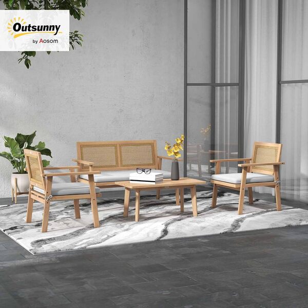 Outsunny Salon de Jardin 4 pièces - Ensemble mobilier d'extérieur - 2 fauteuils, 1 canapé, 1 Table Basse, Coussins - Style bohème - Bois Acacia et résine tressée