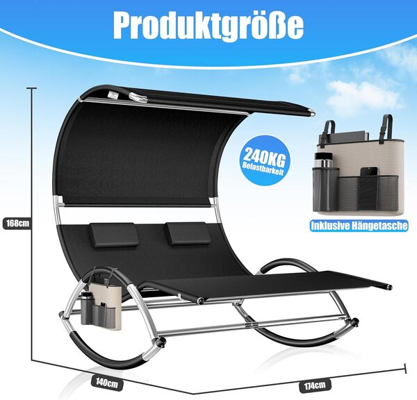KESSER® Chaise Longue Double +Toit Solaire, Coussin, pour 2 Personnes, Relaxation, Jardin à Bascule, Surface de Couchage Ergonomique, Charge de 240 kg, Noir