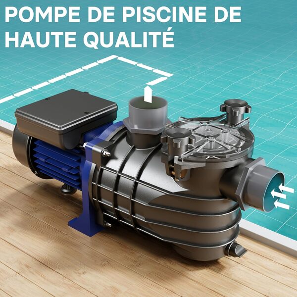Wiltec Pompe piscine 180 W – Débit 10800 l/h – Hauteur refoulement 8 m – Pompe de filtration et de circulation pour Filtre Eau – Pool Whirlpool Bain remous Jardin