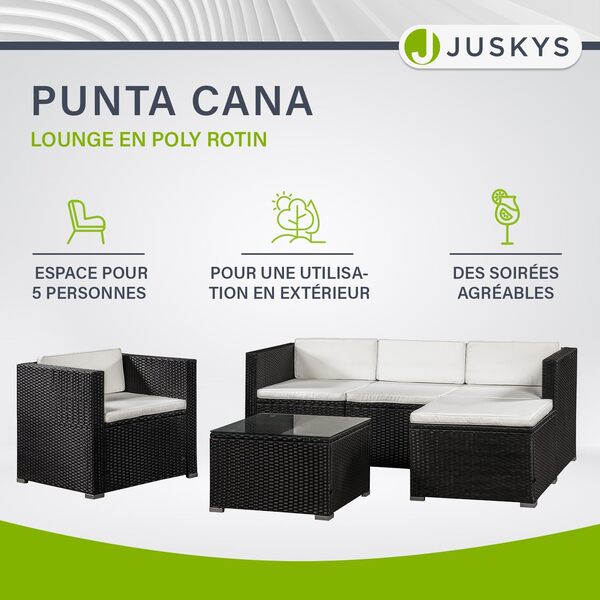 Juskys Salon de Jardin en polyrotin Lounge Punta Cana L, résistant aux intempéries - avec canapé, Fauteuil, Tabouret, Table & Coussins 4-5 Personnes Ensemble de Meubles de Jardin Noir/crème