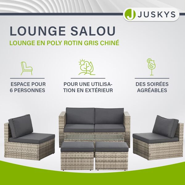 Juskys Salon de Jardin Salou en polyrotin - Espace Lounge d'extérieur résistant aux intempéries pour 6 Personnes - Coin Salon avec Table & Coussins - pour Jardin, Balcon, terrasse - Gris