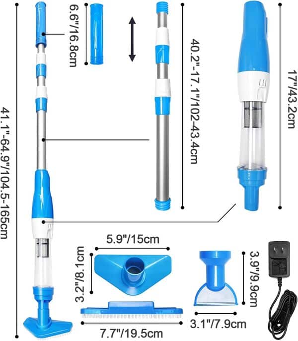 PoolyPoly Aspirateur de Piscine sans Fil, 3 en 1 Nettoyeur Électrique à Batterie Rechargeable, Aspirateur Manuel pour Petites Piscine, Jacuzzi, Spa, 90 Minutes d'Autonomie, Bleu