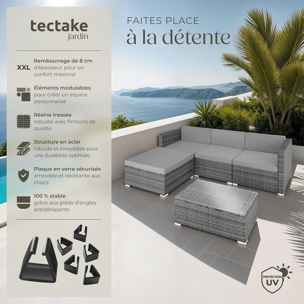 TecTake® Salon de Jardin Exterieur Canapé de Jardin en Resine Tressee 4 Places Extérieur Modulable 3 Fauteuil Jardin 1 Tabouret 1 Table pour Amenagement Balcon Terrasse - Gris