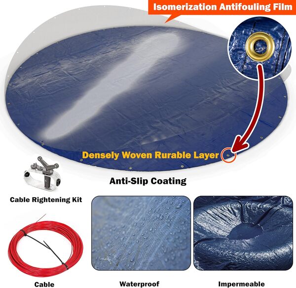 ShadeMart Bâche de piscine d'hiver ronde bleue de 5,7 m – Conception de sécurité robuste, imperméable, résistante aux UV avec installation facile (taille de la couverture : 6,3 m / 4 f