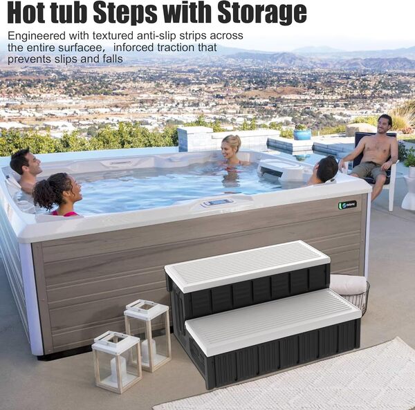 Marches pour jacuzzi, marches de spa d'extérieur avec rangement, escaliers antidérapants et robustes, 91,4 cm de long, blanc/gris
