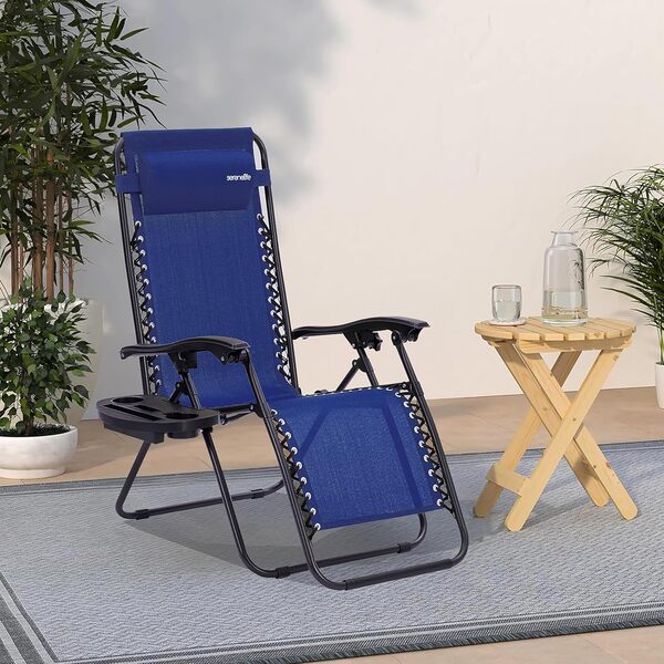 SereneLife Set de 2 Chaises Pliantes - Chaise Longue Réglable pour Extérieur avec Table Latérale, Porte-Gobelets, Oreillers Amovibles - Patio, Jardin, Plage - Bleu