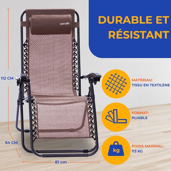 SereneLife Set de 2 Chaises Pliantes - Chaise Longue Réglable pour Extérieur avec Table Latérale, Porte-Gobelets, Oreillers Amovibles - Patio, Jardin, Plage - Marron