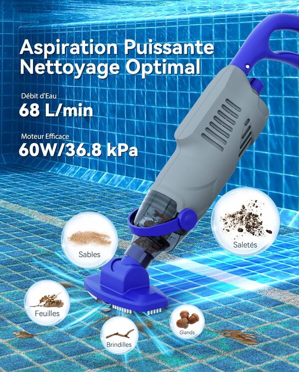 Aspirateur Piscine Hors Sol sans Fil 60W - Aspirateur Spa Rechargeable avec Perche 1,6m & Aspiration 68L/Min - Aspirateur Piscine pour Bains à remous, piscines Hors Sol/enterrées-Gris