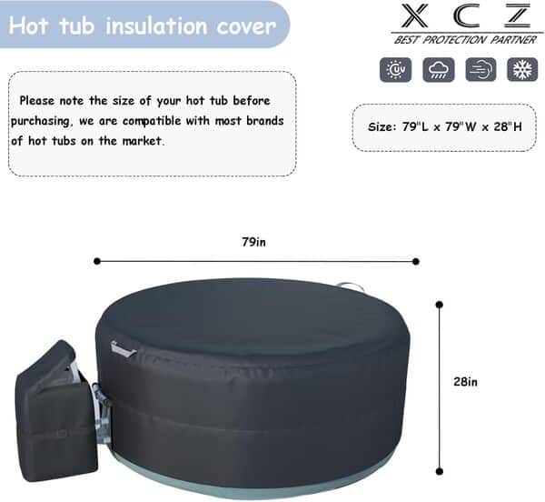 XCZ Housse de jacuzzi ronde, isolée, économe en énergie, couverture complète, avec couvercle de pompe de spa extérieur, convient pour spa rond de 195,6 x 195,6 x 71,1 cm (noir, housse uniquement)