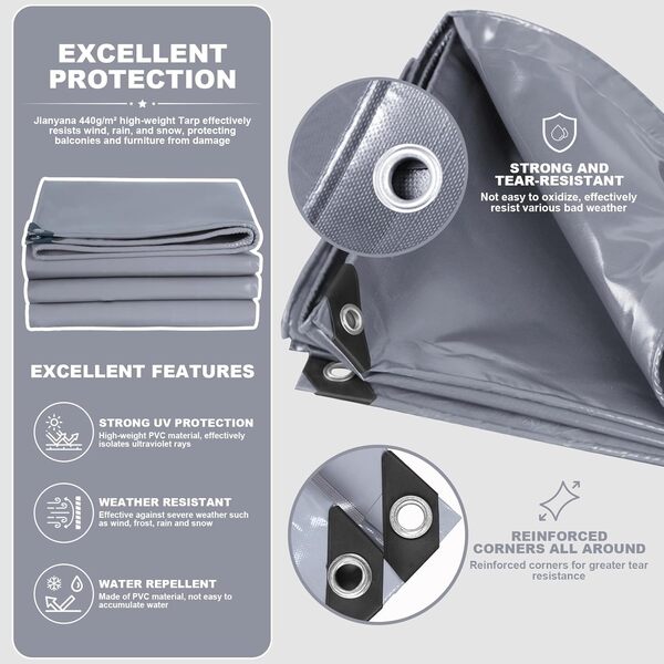 Jianyana baches imperméables pour Exterieur, 440 g/m² PVC bache de Protection Exterieur avec œillets renforcés pour Meubles,Gris(3 x 6 m)