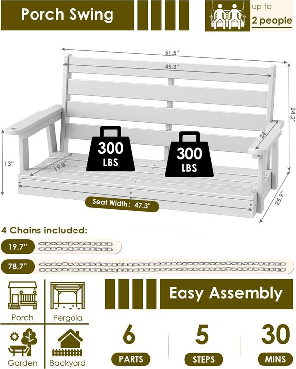 GREENVINES Balancelle de porche d'extérieur | 130 cm | Plastique HDPE | Balançoire de banc de terrasse | Toutes saisons | Imperméable | Avec 4 chaînes en acier inoxydable | Blanc
