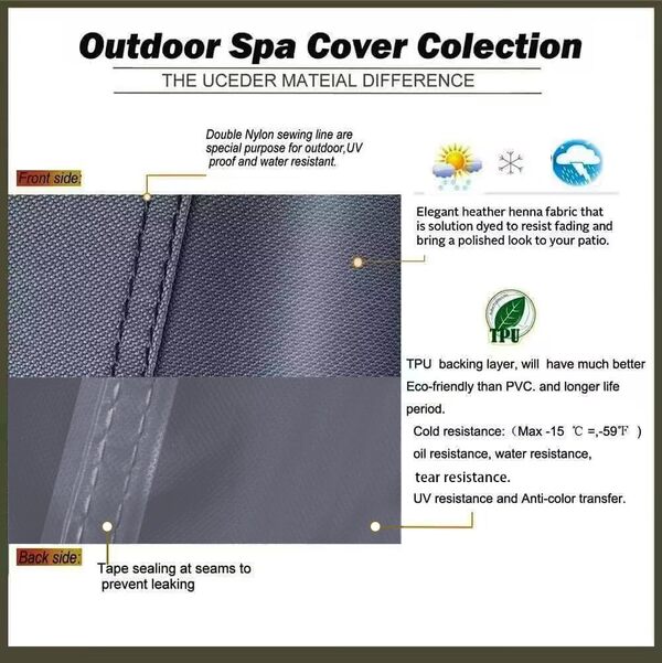 UCEDER Housse de protection imperméable pour jacuzzi et spa extérieur en polyester 600D, taille réelle de 246 x 246 x 51 cm, adaptée aux spas de 241 x 241 cm (gris foncé)