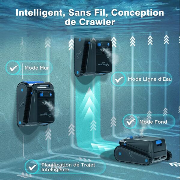 U8 Robot Piscine Fond et Parois, Robot Piscine sans Fil avec Nettoyage de la Ligne d'eau, 120 Min Autonomie, Navigation Intelligente, Stationnement Automatique, Piscines 200㎡ (Noir-APP)