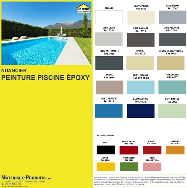 MATPRO - Peinture Piscine Epoxy - Sans Solvant - Très Haute Adhérence sur Béton, Ciment, Enduit - Application Travaux Neufs/Réparation - Gris Clair - 5Kg