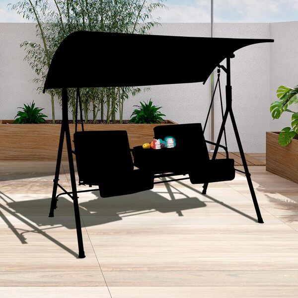 KOMFOTTEU Balancelle de Jardin pour 2 Personnes avec Auvent réglable, Balançoire d’Extérieur avec Pack de Glace, Plateau et Porte-gobelet, Charge de 240 kg, 181 x 124 x 161,5 cm (Noir)