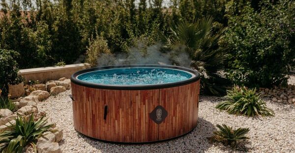 EXOTIK Spa Gonflable | 180 cm de diamètre | 1100 litres | Moteur 2240 W | Jusqu'à 6 Personnes | Massage 140 Jets | Imitation Bois Naturel