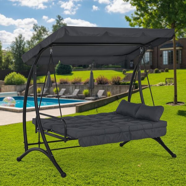M MCombo balancelle Hollywood 3 Places avec Fonction de lit, avec Coussin d'assise Extra épais et Toit Solaire, balançoire de Jardin pouvant Supporter jusqu'à 300 kg, 202x125x173 cm 4095 (Gris)