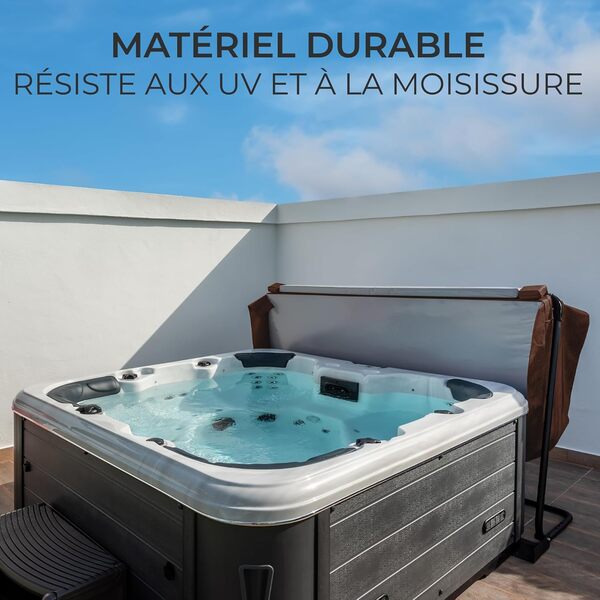 Couverture pour Jacuzzi Marron 220cm / 2.2m - PVC & Cuir - Spa Housse de Protection Bâche Protectrice Carrée pour Hot Tub Bain à Bulles - Pliable - 4 Sangles de Sécurité & 6 Poignées