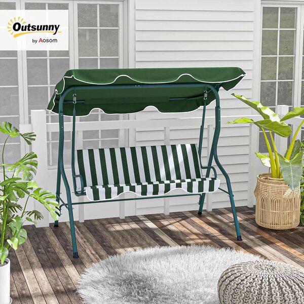 Outsunny Balancelle de Jardin 3 Places Toit imperméabilisé Inclinaison réglable Coussins Assise Dossier 1,7L x 1,1l x 1,53H m Acier Polyester Vert Blanc rayé