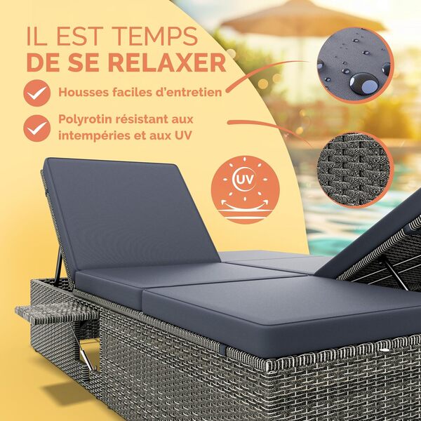 Casaria® Chaise Longue Double Gris/Anthracite extrémités réglables Bain de Soleil 2 Places polyrotin Chaise d'extérieur