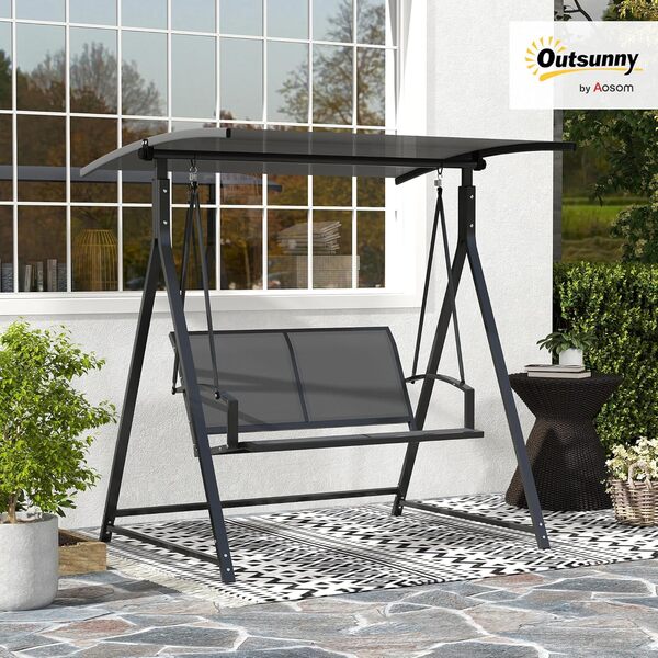 Outsunny Balancelle de jardin extérieure 2 places avec auvent réglable à 90°, protection UV 30+ et structure triangulaire en métal, charge 220 kg, 160 x 112 x 162 cm, gris foncé