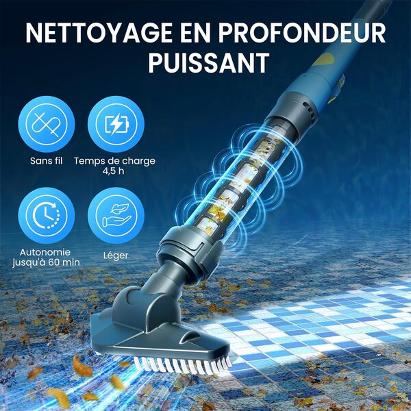 Aspirateur de Piscine Rechargeable 2 en 1, autonomie Longue durée 45 Min – Nettoyeur Pratique pour Spa, Jacuzzi et piscines Hors Sol – Aspire Sable et débris