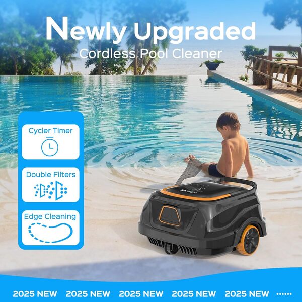 WYBOT Robot Piscine sans Fil pour Piscine Familiale Jusqu'à 100m², Nettoyage Automatique du Fond, 120 Min d'Aspirateur Piscine Haute Performance, Système Double Turbine,Noir-Orange