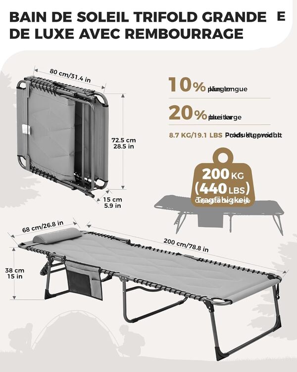 KingCamp Lot de 2 Bain de Soleil XL en Coton Rembourré 5 Positions Réglable Chaise Longue Inclinable Pliable avec Oreiller Charge Max 200kg Lit de Camping Pliant pour Patio Jardin Plage 200x68x38cm