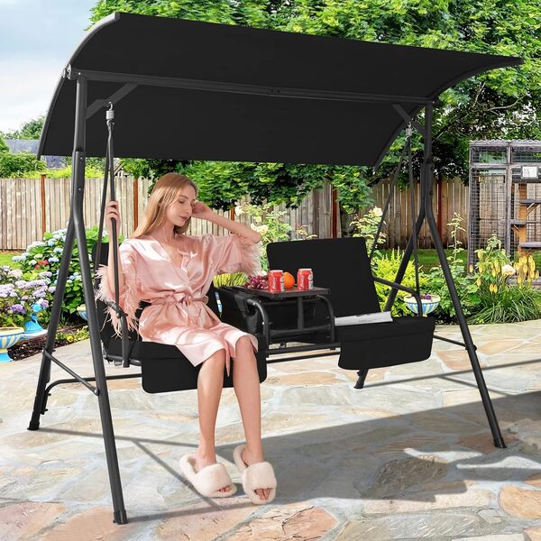 GOPLUS Balancelle Jardin 2 Places 181x124x161,5 CM, Balancelle Canopy Inclinable 240° Ajustable avec Glacière, Plateau Rotatif, Porte-gobelets, Charge 240KG, Chaise à Bascule pour Patio Cour (Noir)
