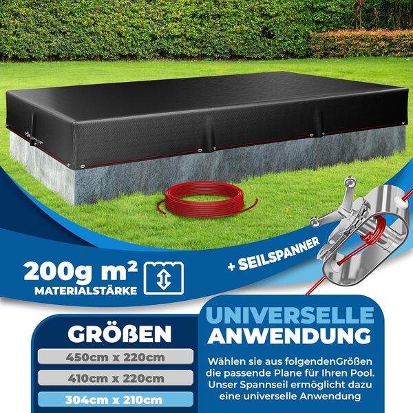 KESSER® Bâche de piscine solaire rectangulaire 304 x 210 cm 200 g/m² PE avec câble en acier + tendeur de câble avec œillets - Bâche solaire résistante aux UV et aux intempéries - Pour l'été et l'hiver