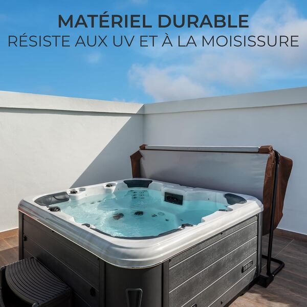 Couverture pour Jacuzzi Marron 210cm / 2.1m - PVC & Cuir - Spa Housse de Protection Bâche Protectrice Carrée pour Hot Tub Bain à Bulles - Pliable - 4 Sangles de Sécurité & 6 Poignées
