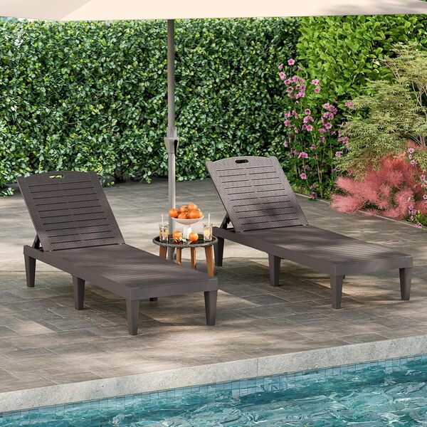 COSTWAY Lot de 2 Bains de Soleil, Chaise Longue Jardin Exterieur, Dossiers Réglables en 5 Positions, Charge 160 kg, 6 Pieds de Soutien, Transat Jardin pour Deck Plage Piscine, 156 x 55 x 83 cm (Brun)