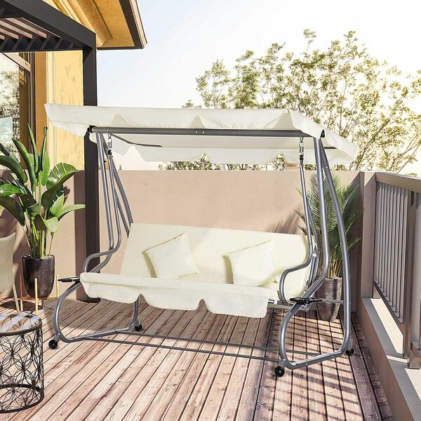 Outsunny Balancelle de Jardin 3 Places Convertible Toit Inclinaison réglable 2 tablettes Support 2L x 1,2l x 1,64H m Acier Noir Polyester Beige