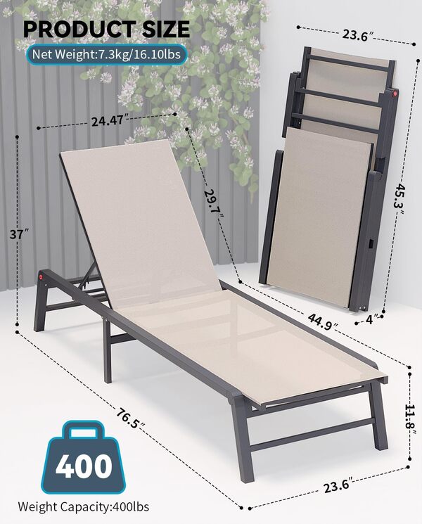 Chaise Longue d'extérieur en Aluminium avec 5 Positions réglables, Chaise Longue Pliante pour Piscine, terrasse, Piscine, intérieur et extérieur, Beige