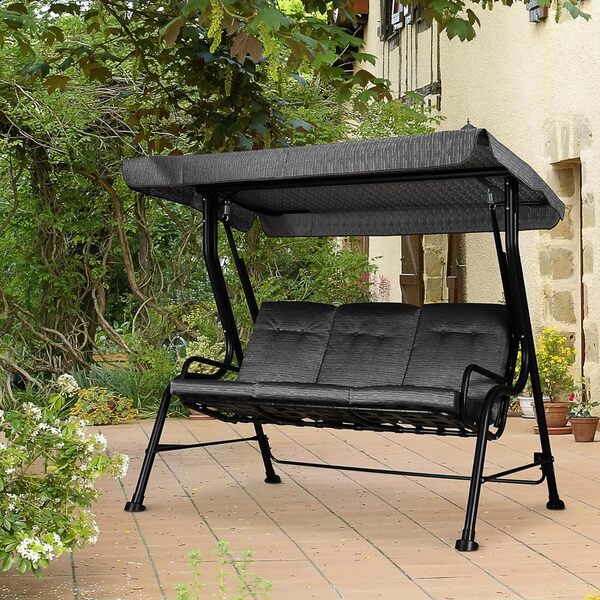 Outsunny Balancelle de Jardin 3 Places Grand Confort Toit Inclinaison réglable épais Coussins Amovibles Polyester Acier époxy Gris Noir
