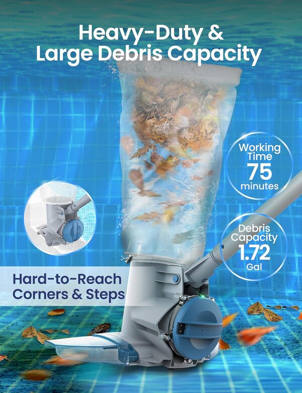 KOKIDO XV910 Aspirateur à feuilles de piscine rechargeable et robuste avec aspiration commerciale pour fermeture de piscine, sacs filtrants standard et fins, pour grandes feuilles et débris, piscines