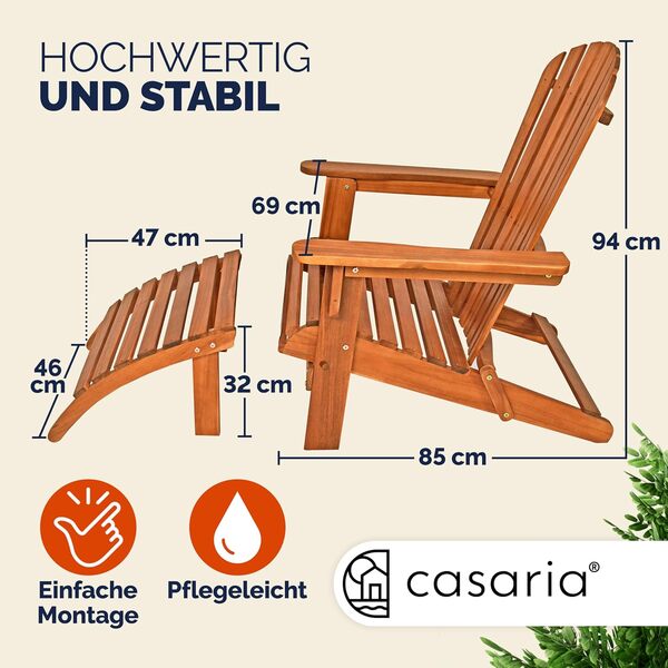 Casaria 2X Chaise Longue transat Adirondack en Bois d'acacia avec Repose-Pieds Bain de Soleil Siège de Jardin Pliable Extérieur Balcon terrasse