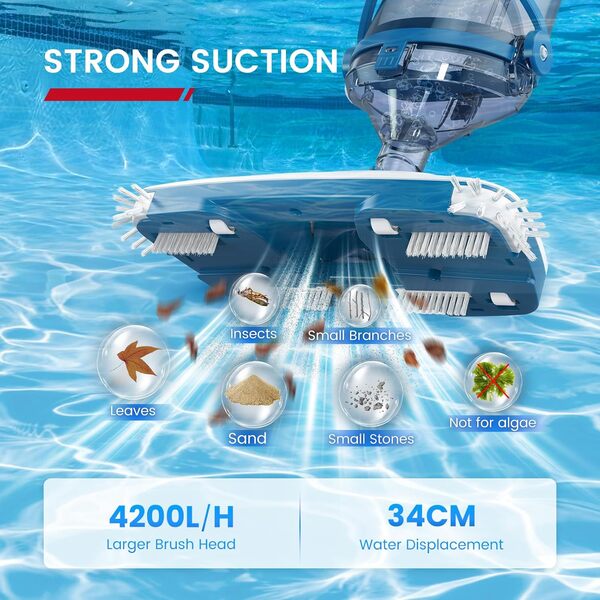 Enhulk Aspirateur de piscine 2025, tête de 34 cm de large, autonomie jusqu'à 60 minutes, nettoyeur de piscine avec 3 filtres et tige télescopique, aspiration jusqu'à 4200 l/h, idéal pour piscine