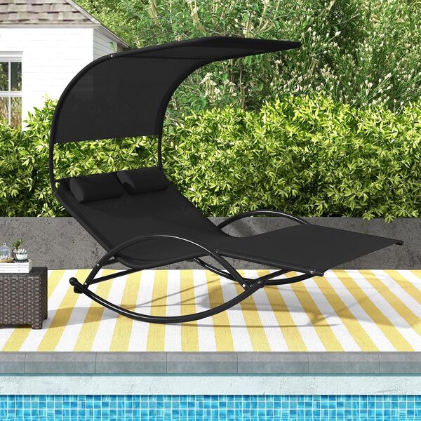 COSTWAY Chaise Longue Extérieur à Bascule, Transat à Bascule pour 2 Personnes, Lit de Repos 2 Places avec Auvent Pare-Soleil et 2 Oreillers Amovibles, Cadre en Métal Robuste, Charge 300 KG (Noir)