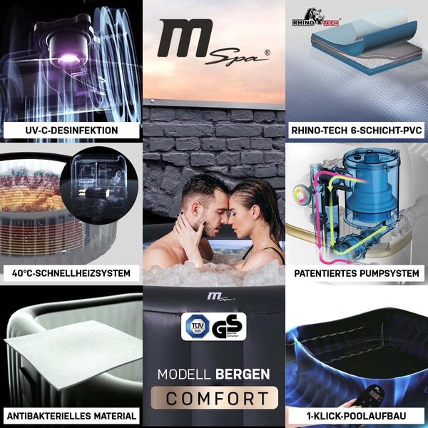 Miweba MSpa Spa Gonflable Extérieur Bergen C-BE061 | Rond ⌀ 204,0 cm - Spa Gonflable 6 Personnes - Nettoyage UV-C - Jusqu'à 1429 L - 40°C - Télécommande - 138 Jets (6 Personnes)