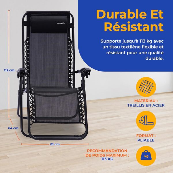 Serenelife Set de 2 Chaises Longues - Chaises Pliantes pour Extérieur avec Table Latérale, Porte-Gobelets, Oreillers Amovibles - Patio, Jardin, Plage - Noir
